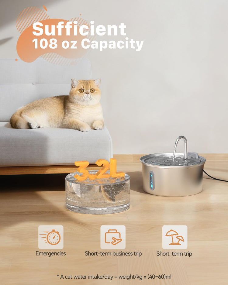 Ultra Quiet and Low Consumption Transparent Water Level Stainless Pet Fountain