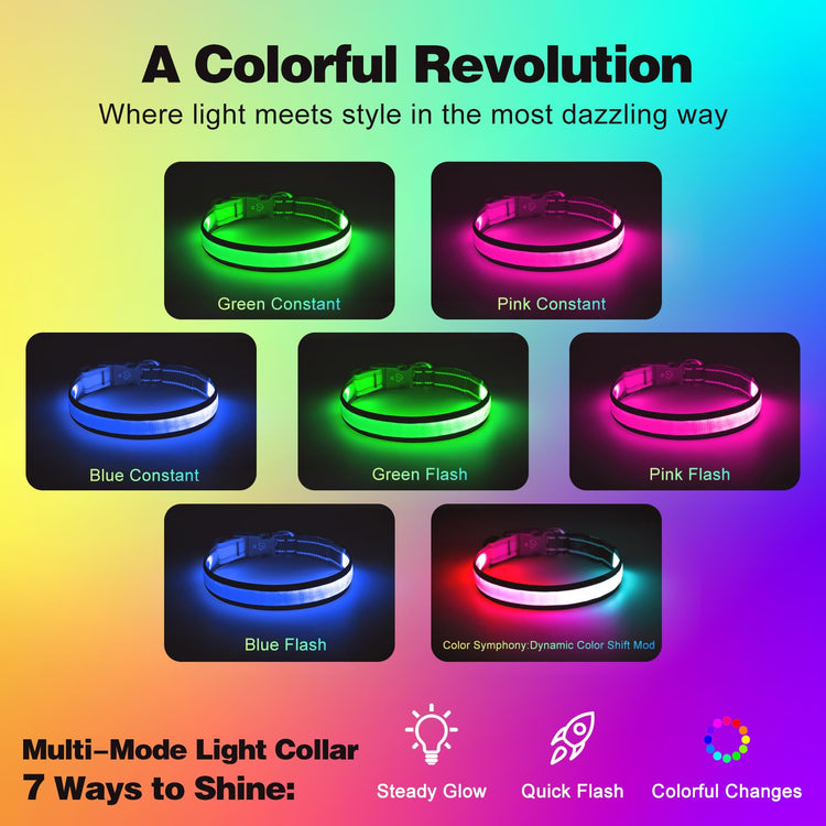 Vibrant Colors Dual Light Technology Multi-Color 7 Lighting Modes Light Up Collar For Dogs